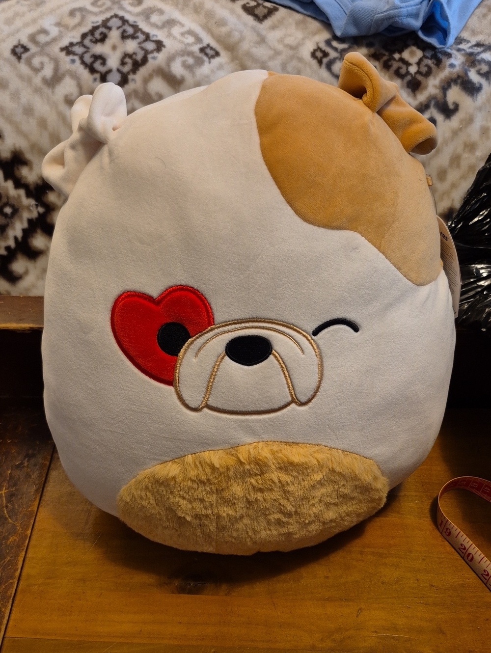 Squishmallows White and Tan Pillow with Red Heart Accent